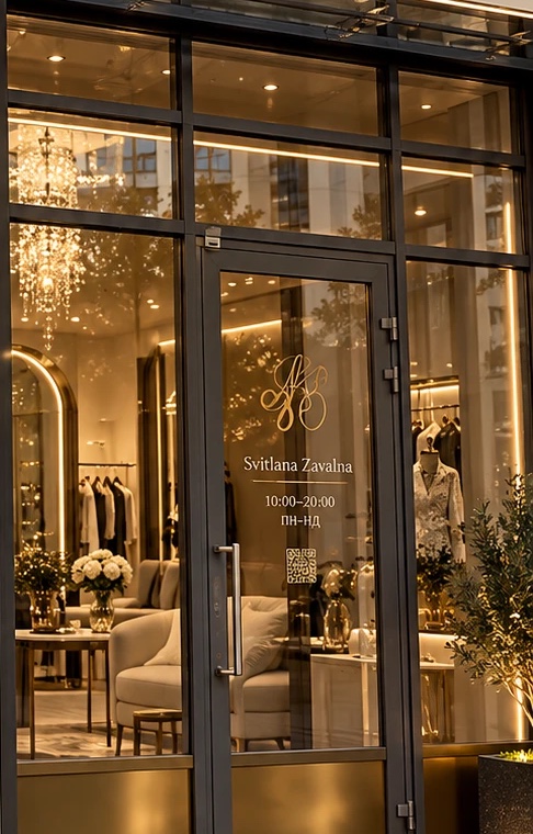 Atelier entrance with the Svitlana Zavalna monogram on the door