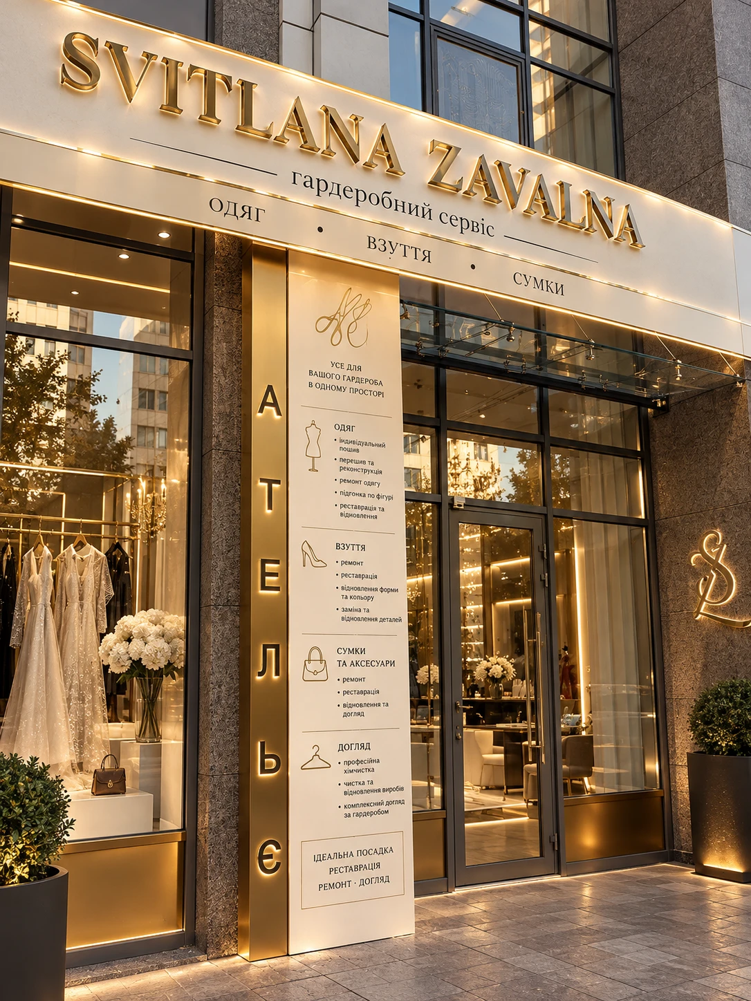 Svitlana Zavalna atelier storefront in the evening